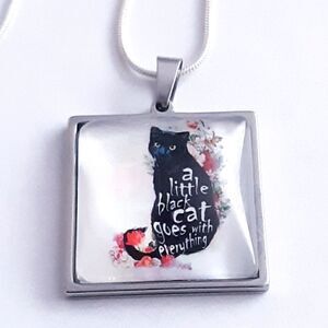 Black Cat Hand Crafted Stainless Steel Charm Stamped Sterling Silver Necklace